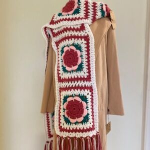 Handmade Crochet Scarf | Upcycled Granny Square Winter Scarf | Pink 3D Flowers